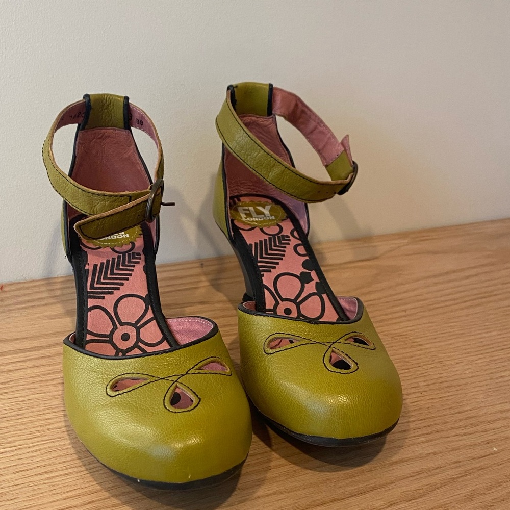 Like NEW! Fly London kitten heel with ankle strap